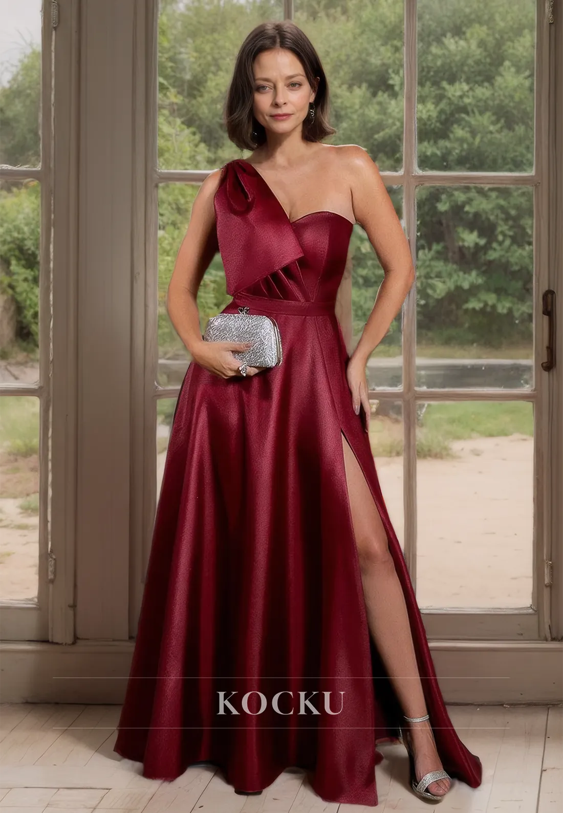Classic & Simple One Shoulder A-Line Sleeveless Pleats Satin with Bow Mother of the Bride Dress
