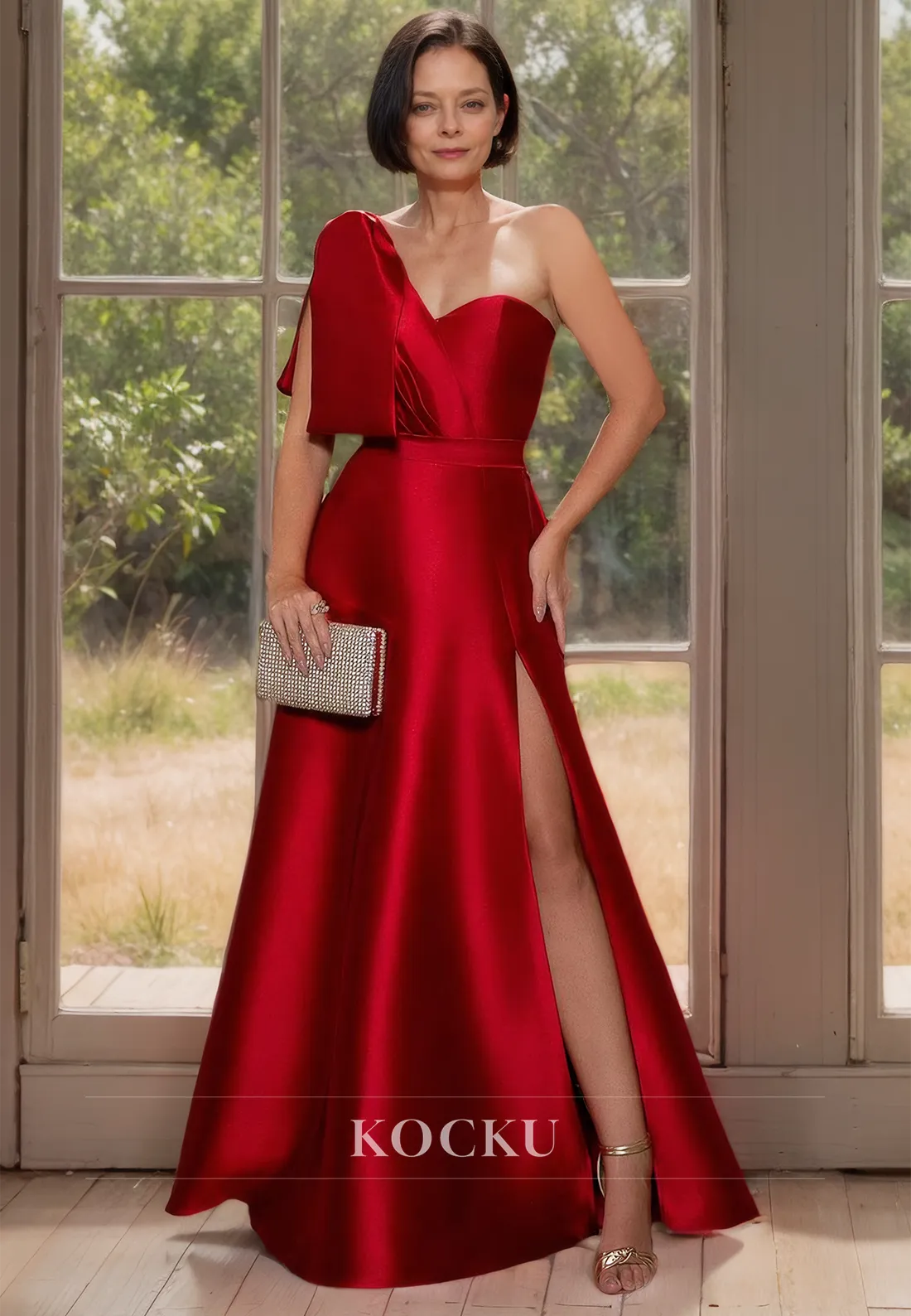 Classic & Simple One Shoulder A-Line Sleeveless Pleats Satin with Bow Mother of the Bride Dress