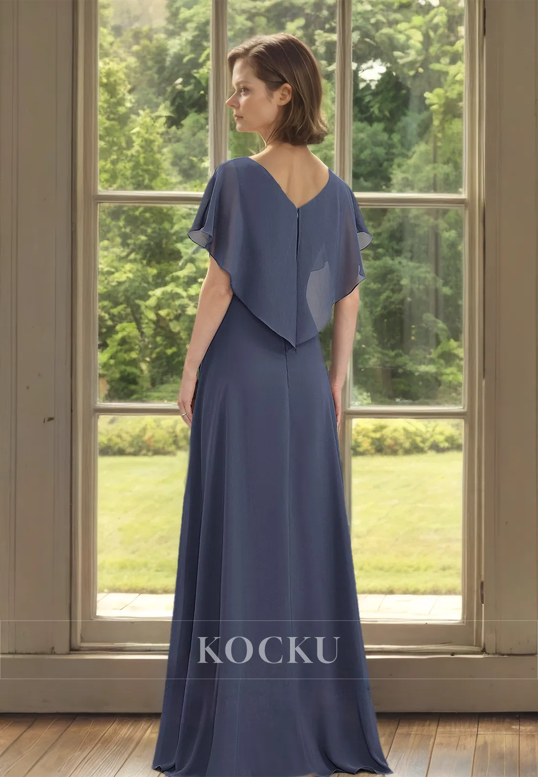 Classic&Modern A-Line V-Neck Short Sleeves Beads Lace Cocktail Dress with Pleats Mother of Bride