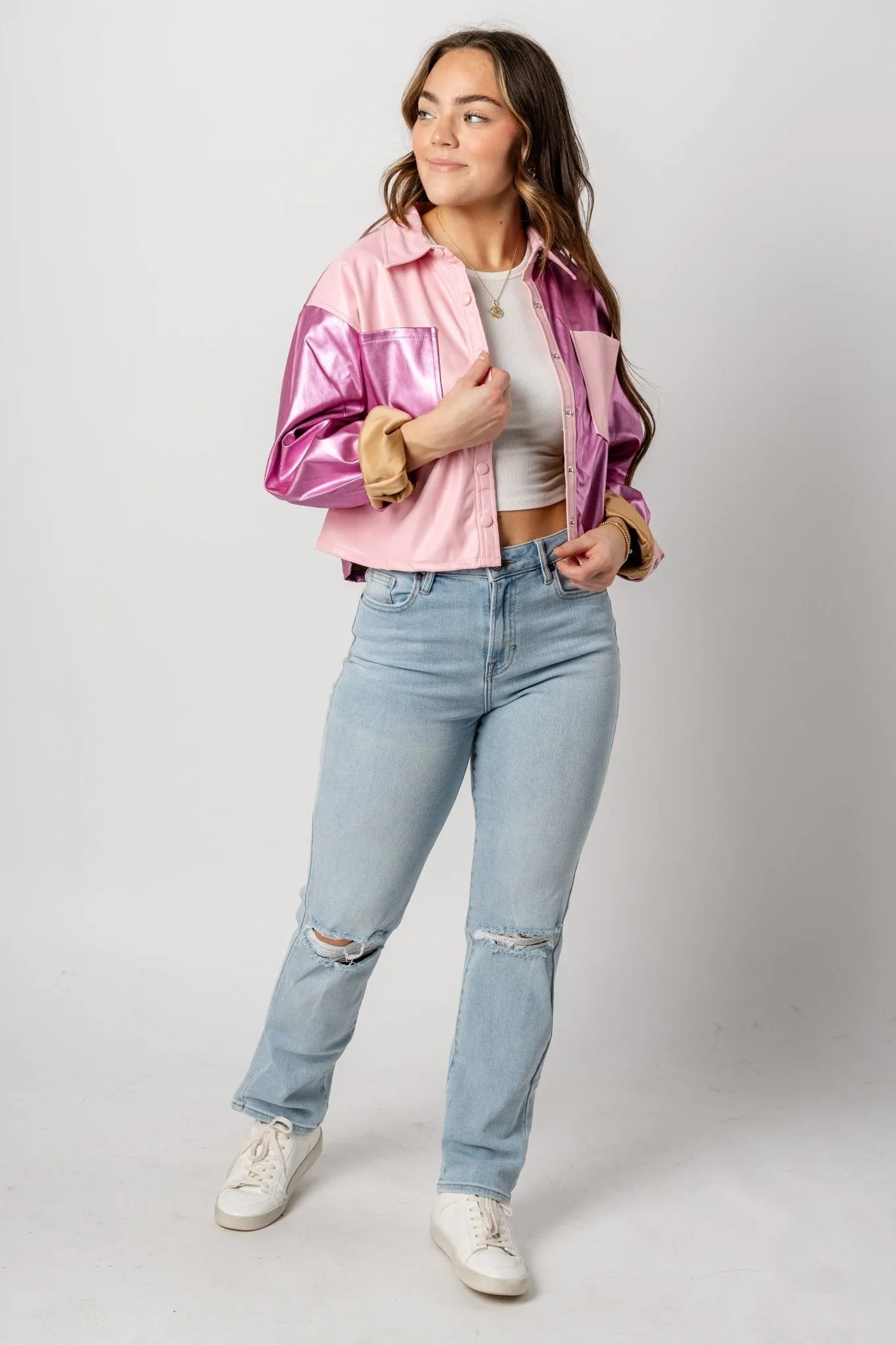 Color block faux leather shacket metallic pink