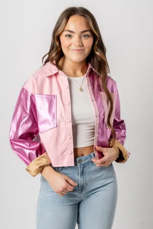 Color block faux leather shacket metallic pink