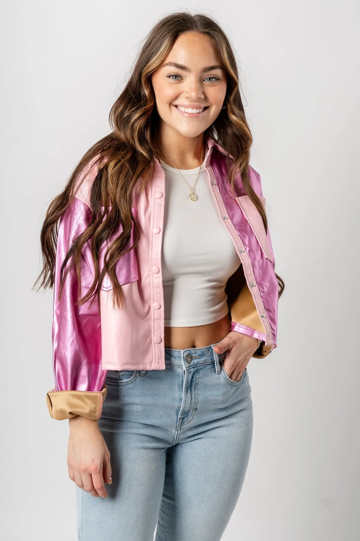 Color block faux leather shacket metallic pink