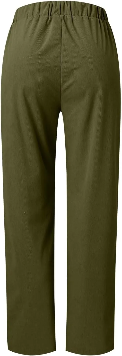 Corduroy Pants Women Casual Elastic High Waist Pants Straight Leg Fashion Pants Loose Fit Comfy Trousers with Pockets