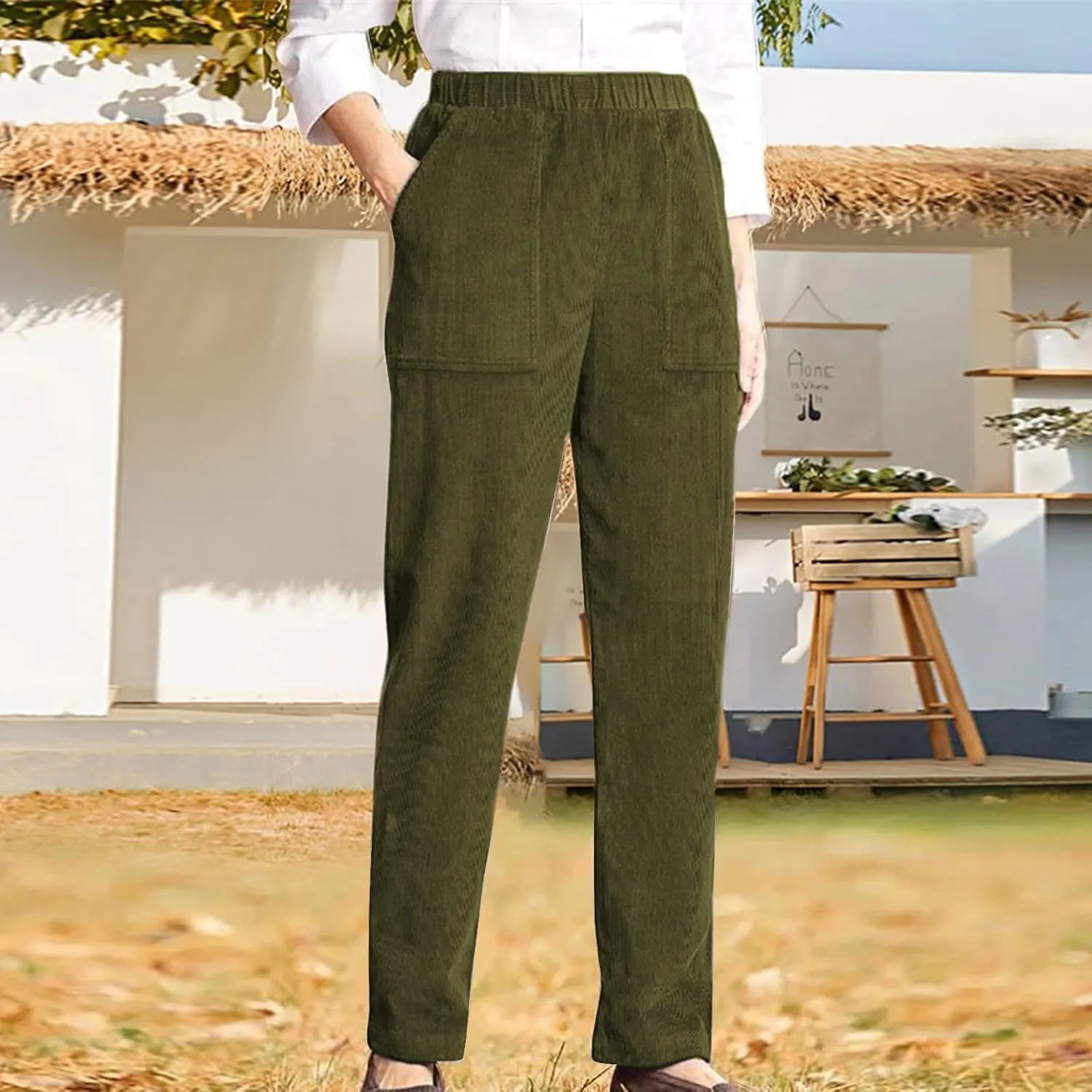 Corduroy Pants Women Casual Elastic High Waist Pants Straight Leg Fashion Pants Loose Fit Comfy Trousers with Pockets