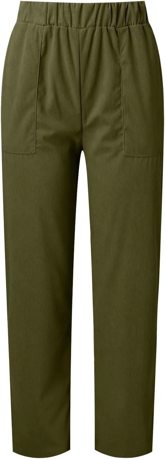 Corduroy Pants Women Casual Elastic High Waist Pants Straight Leg Fashion Pants Loose Fit Comfy Trousers with Pockets