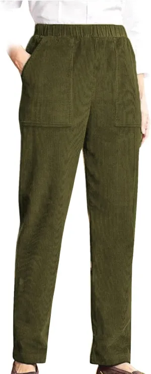 Corduroy Pants Women Casual Elastic High Waist Pants Straight Leg Fashion Pants Loose Fit Comfy Trousers with Pockets