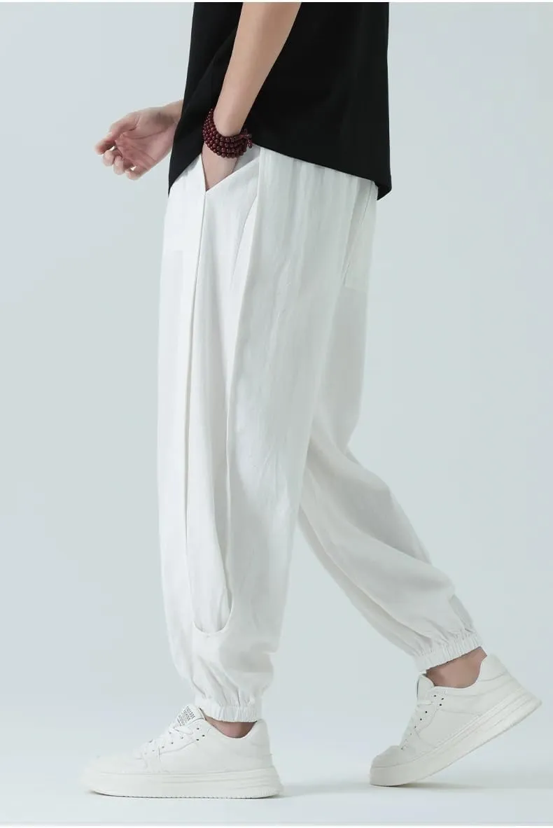 Cotton Linen Pants Summer Chinese Style Casual Mens Trousers Male Oversize Harem Pants