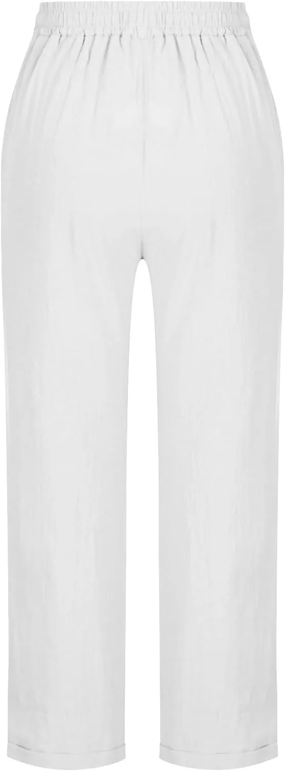 Cotton Linen Straight Leg Pants Women Summer Loose Fit Drawstring Elastic Waist Trouser Resort Casual Beach Pant Plus