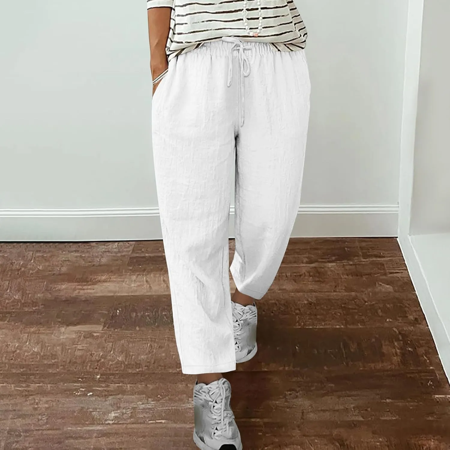 Cotton Linen Straight Leg Pants Women Summer Loose Fit Drawstring Elastic Waist Trouser Resort Casual Beach Pant Plus