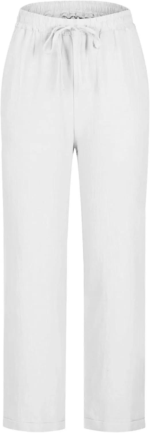 Cotton Linen Straight Leg Pants Women Summer Loose Fit Drawstring Elastic Waist Trouser Resort Casual Beach Pant Plus