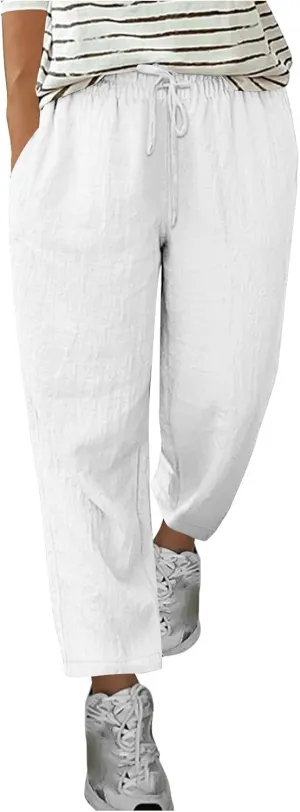Cotton Linen Straight Leg Pants Women Summer Loose Fit Drawstring Elastic Waist Trouser Resort Casual Beach Pant Plus