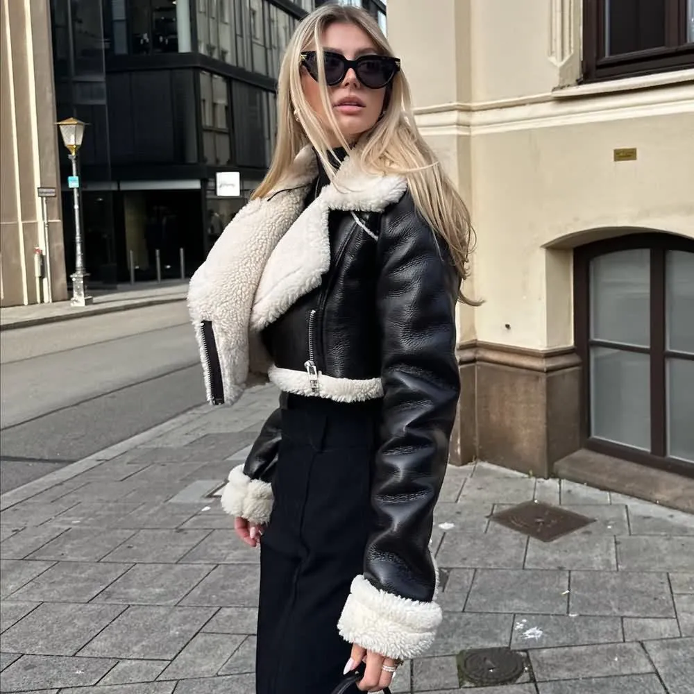 Cropped Faux Fur Lined Biker Jacket