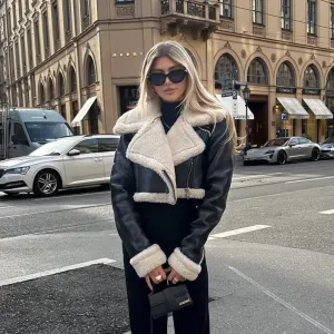 Cropped Faux Fur Lined Biker Jacket