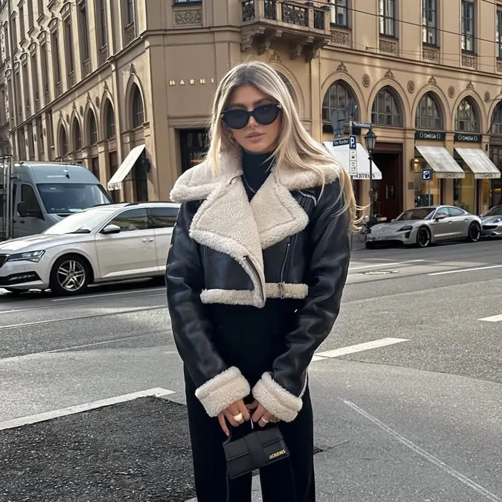 Cropped Faux Fur Lined Biker Jacket