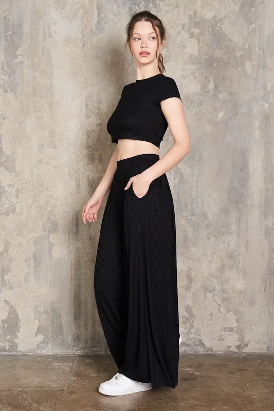 Cropped T-Shirt and Pleated Pants Set