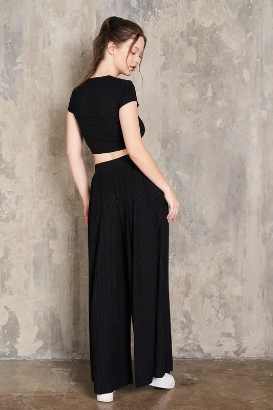 Cropped T-Shirt and Pleated Pants Set