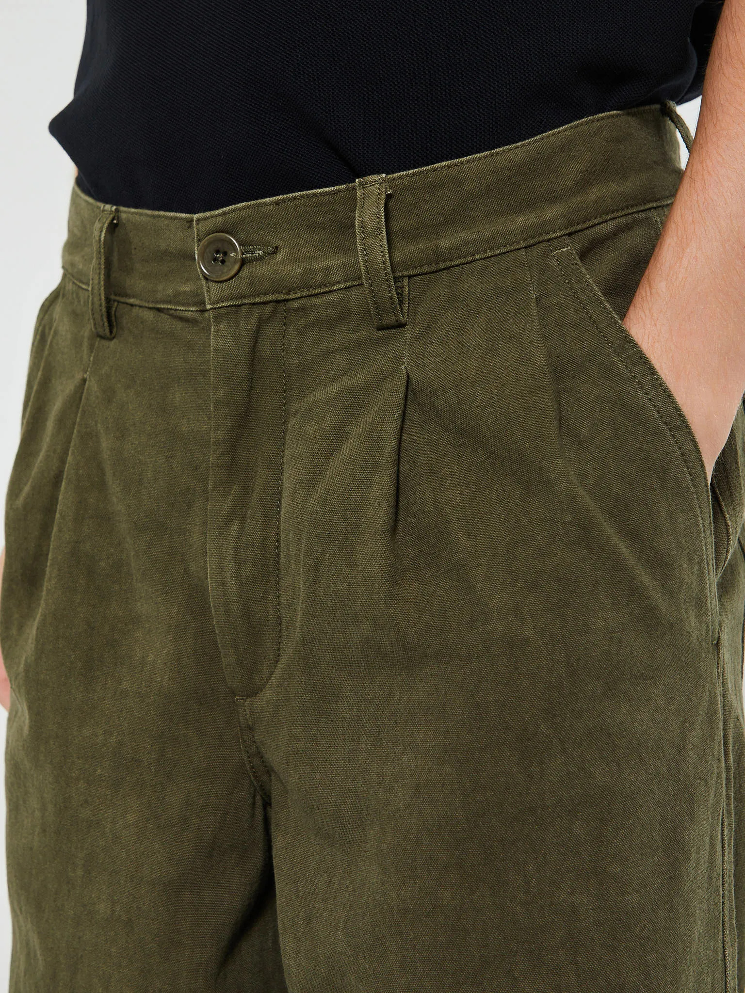 Double Pleated Cotton Pants in Dark Olive