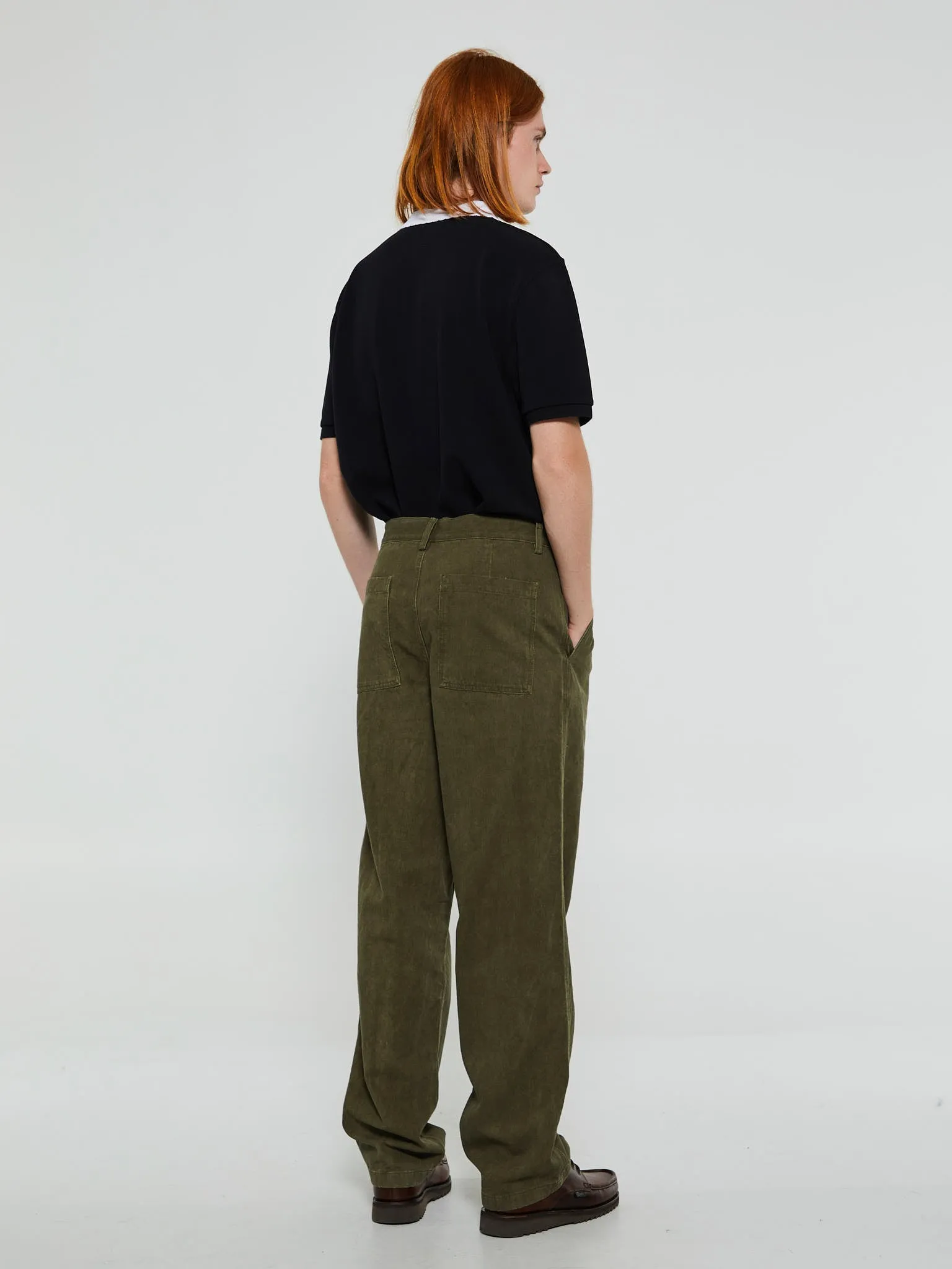 Double Pleated Cotton Pants in Dark Olive