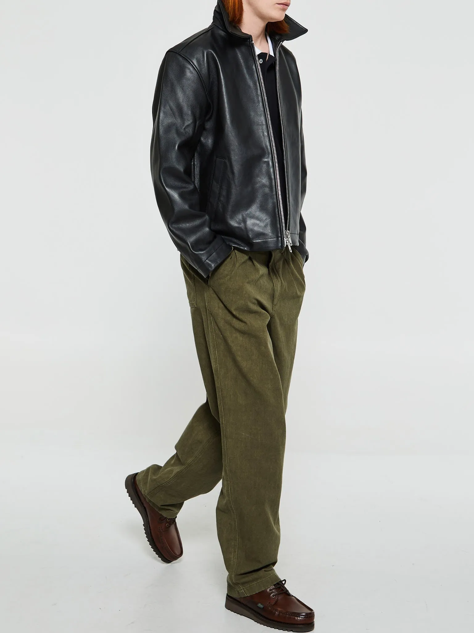 Double Pleated Cotton Pants in Dark Olive