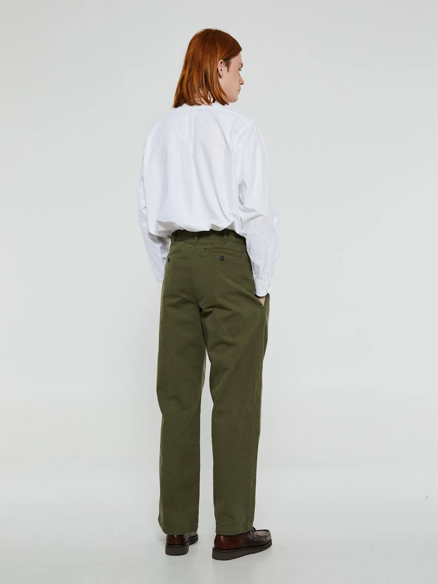 Double Pleated Herringbone Pants in Army Green