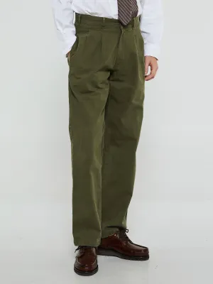 Double Pleated Herringbone Pants in Army Green