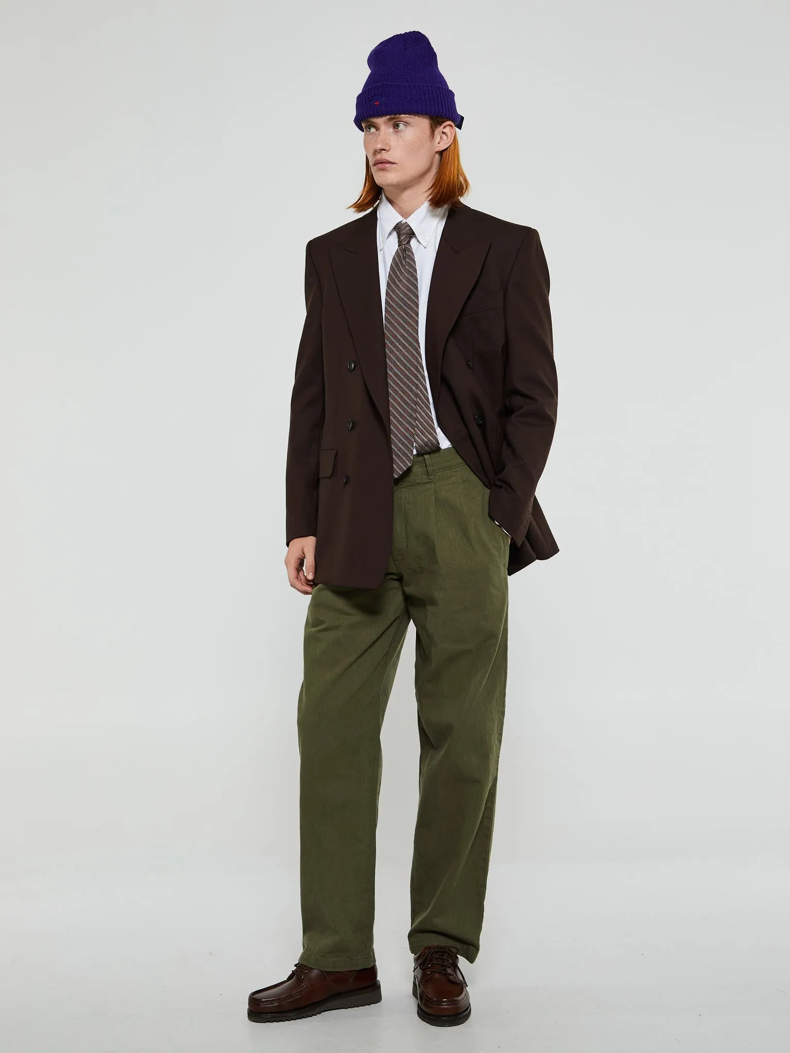 Double Pleated Herringbone Pants in Army Green