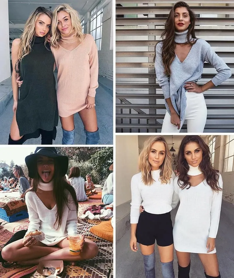 Fashion High Neck Pullover Knitting OL Long Sweater