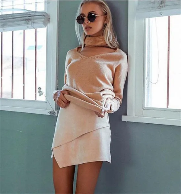 Fashion High Neck Pullover Knitting OL Long Sweater