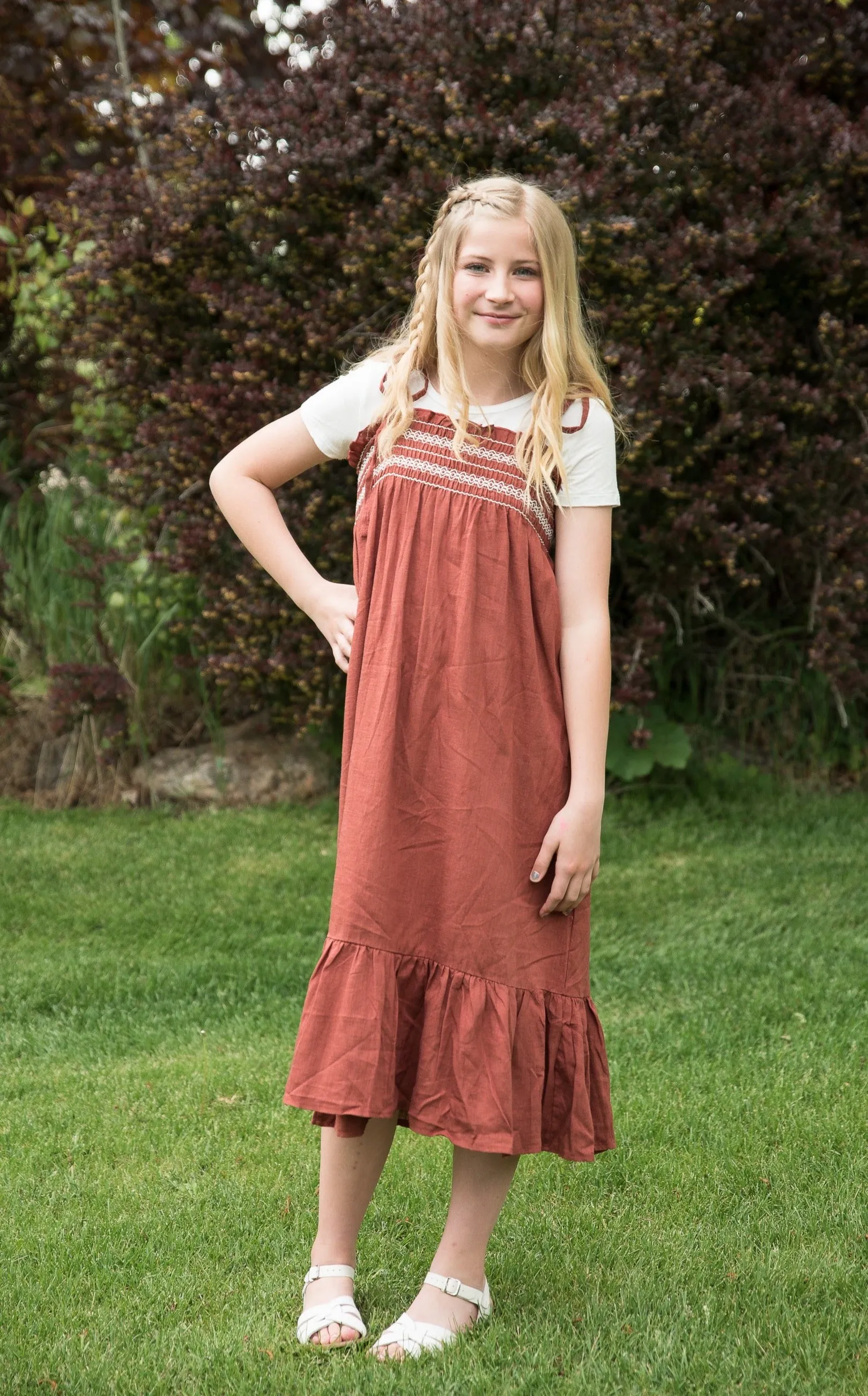 Girls Smocked Boho Maxi Dress- Coffee Brown