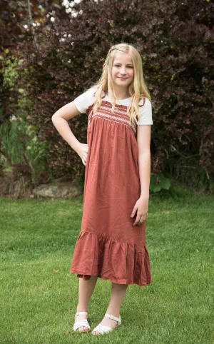 Girls Smocked Boho Maxi Dress- Coffee Brown