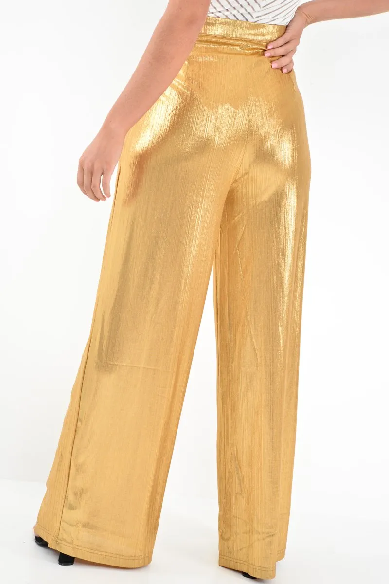 Gold Metallic High Waist Wide Leg Trousers - Lissette