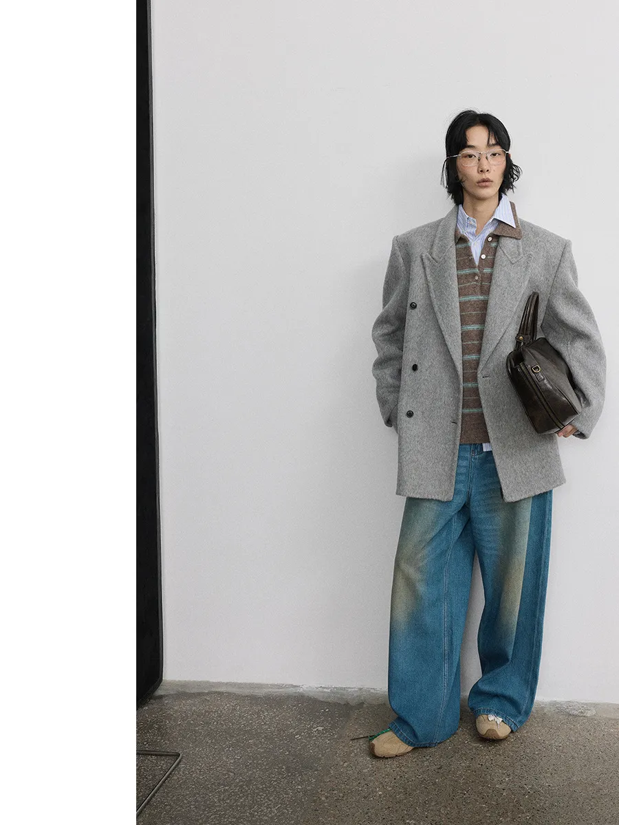Gray Double-Breasted Wool Coat