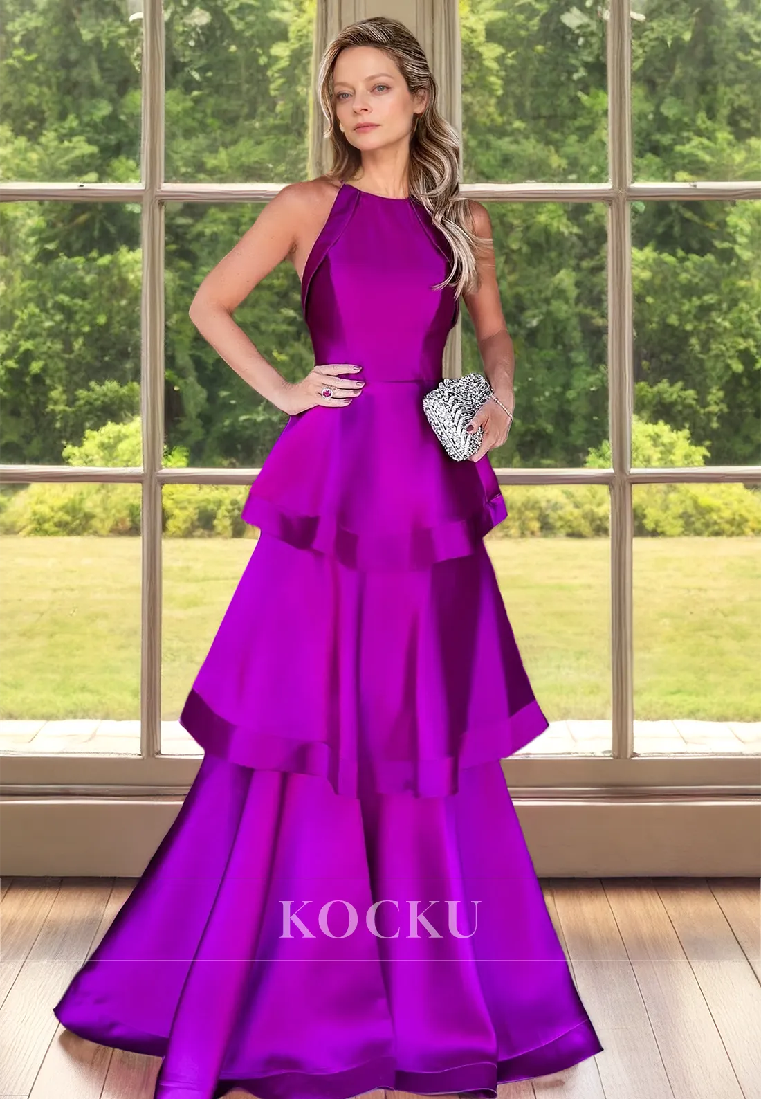 Halter Neck A-Line Sleeveless Pleated Satin Cocktail Gowns with Train Mother of Groom
