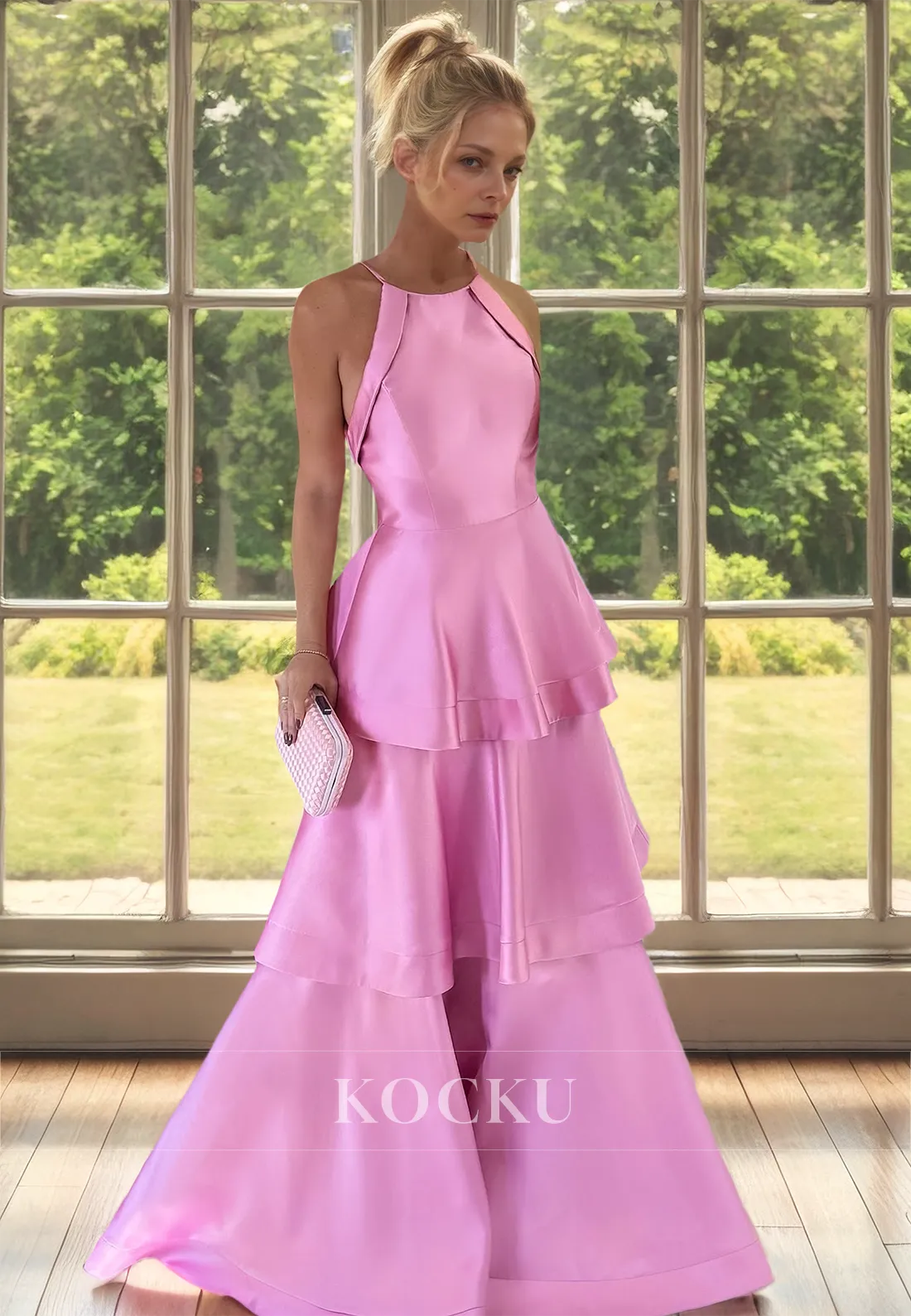 Halter Neck A-Line Sleeveless Pleated Satin Cocktail Gowns with Train Mother of Groom