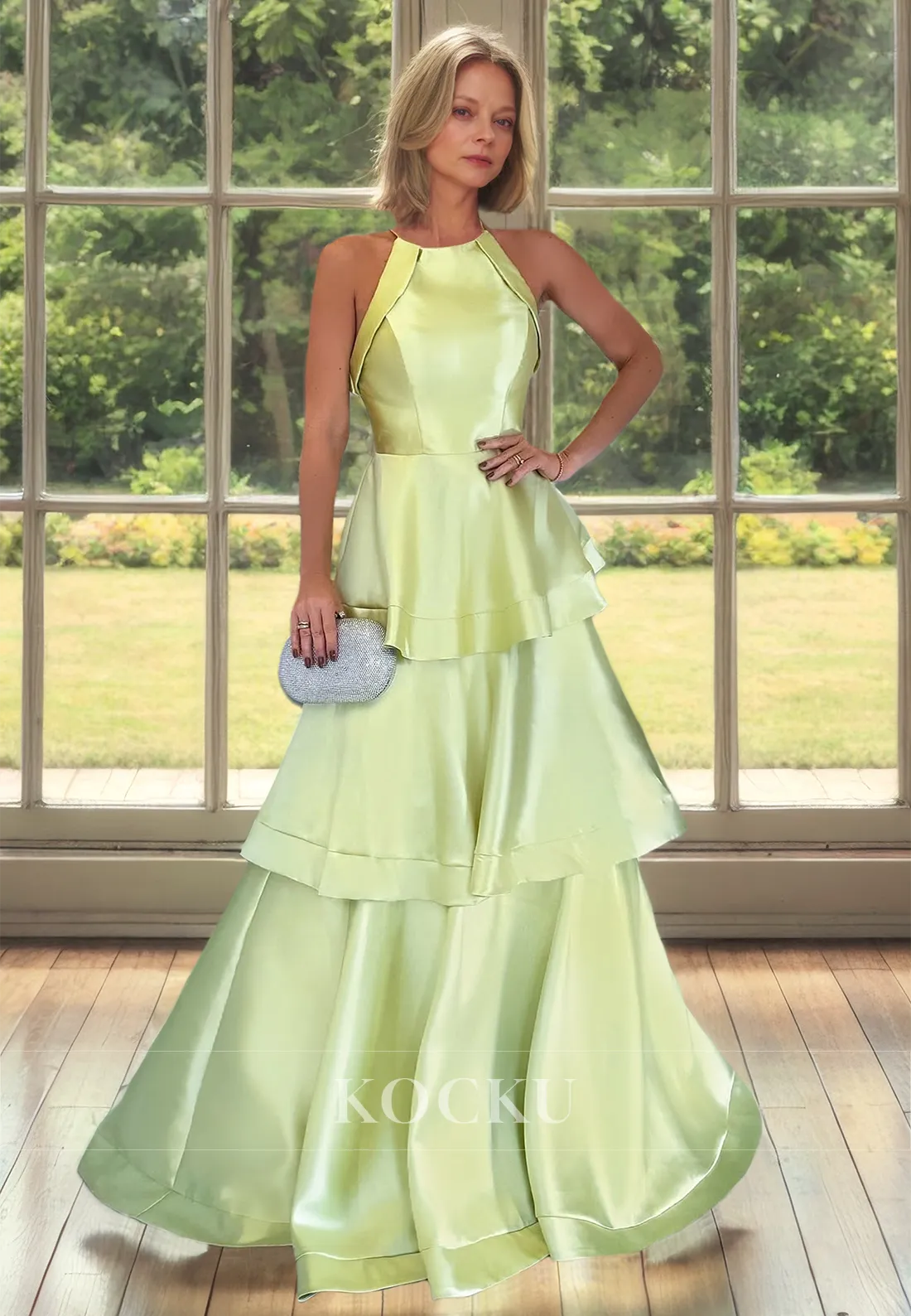 Halter Neck A-Line Sleeveless Pleated Satin Cocktail Gowns with Train Mother of Groom
