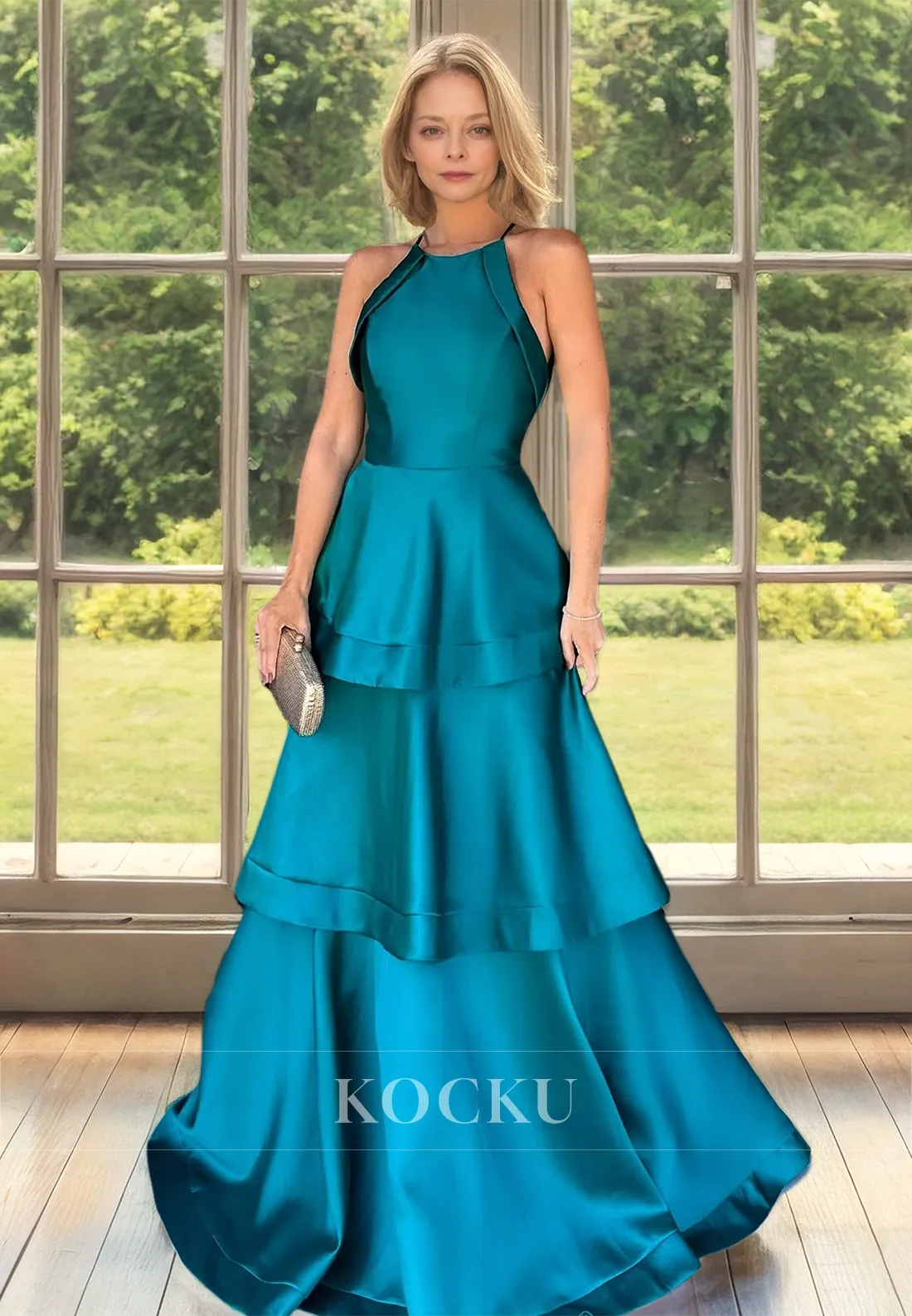Halter Neck A-Line Sleeveless Pleated Satin Cocktail Gowns with Train Mother of Groom