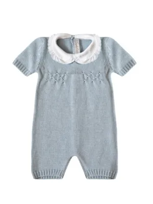Hand-embroidered Italian cotton baby romper, azzurra