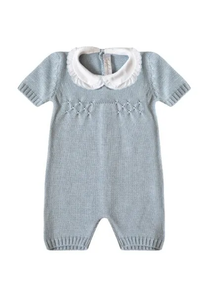 Hand-embroidered Italian cotton baby romper, azzurra