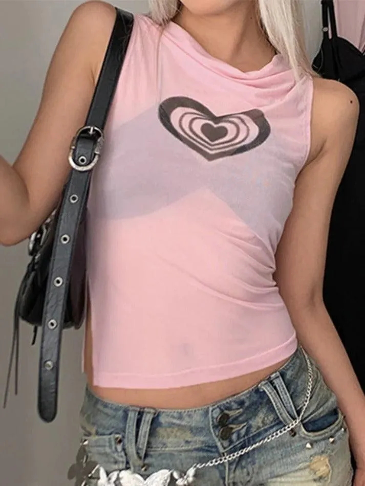 Heart Print See Through Tank Top