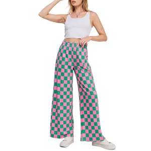 High-Waist Checkered Straight-Leg Knit Pants – Comfort Meets Style
