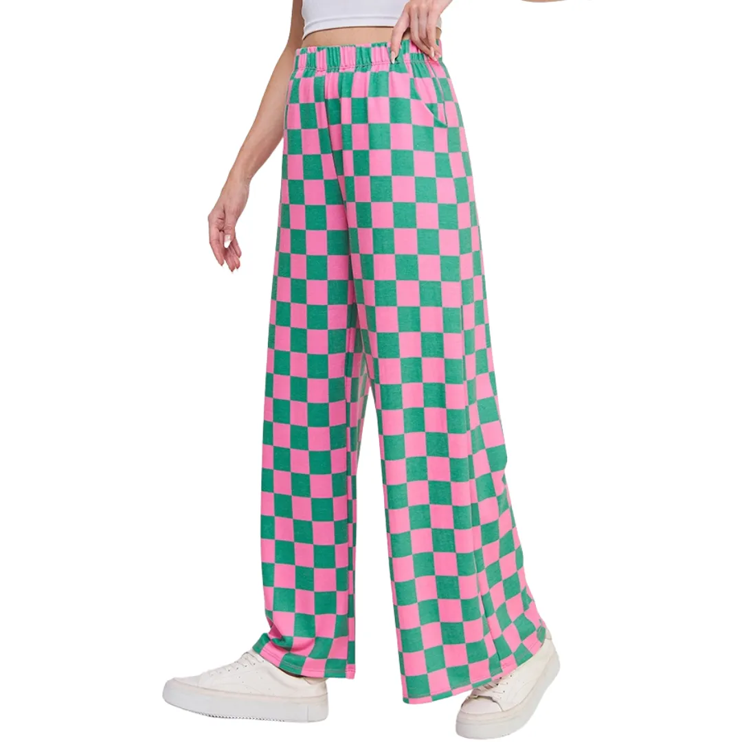 High-Waist Checkered Straight-Leg Knit Pants – Comfort Meets Style