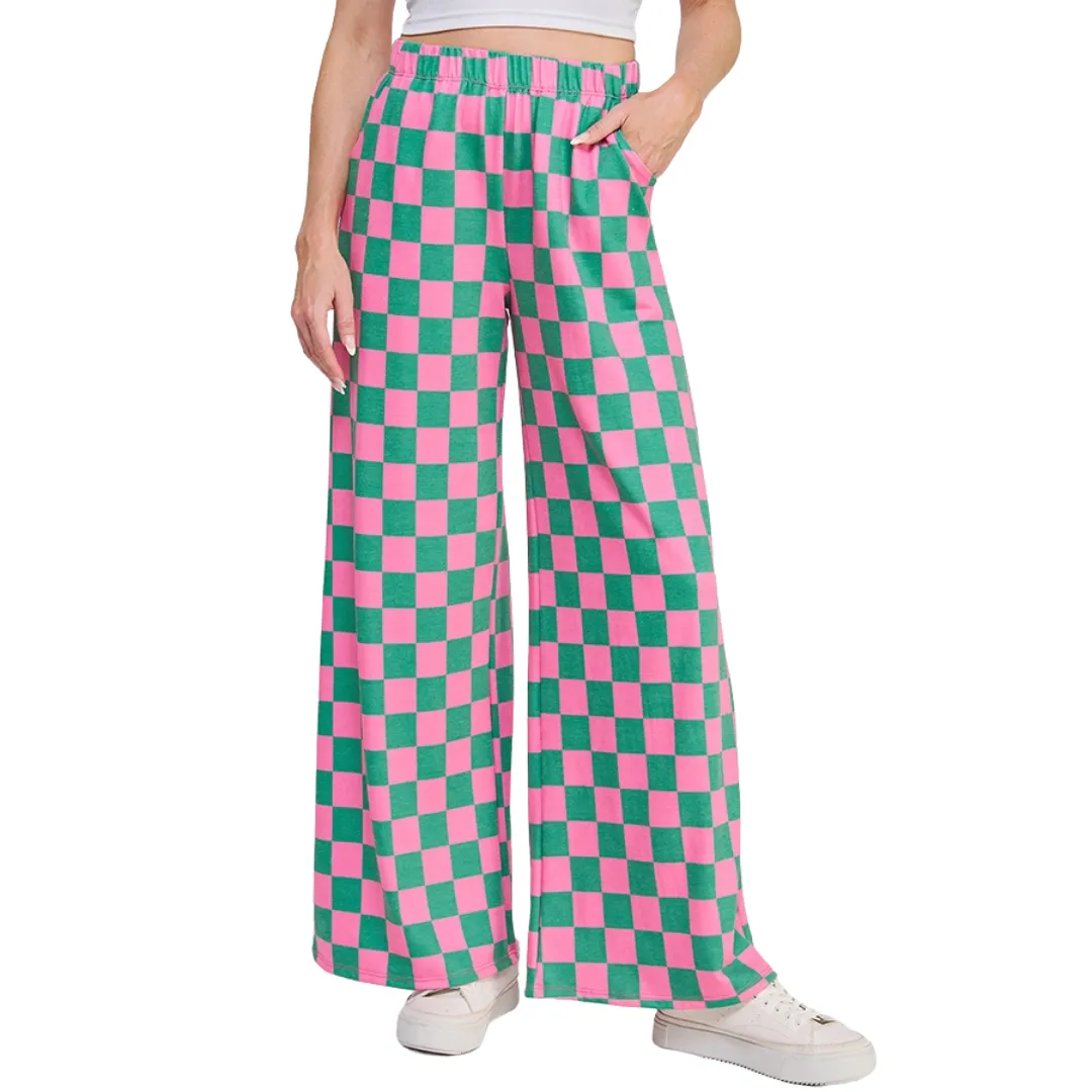 High-Waist Checkered Straight-Leg Knit Pants – Comfort Meets Style