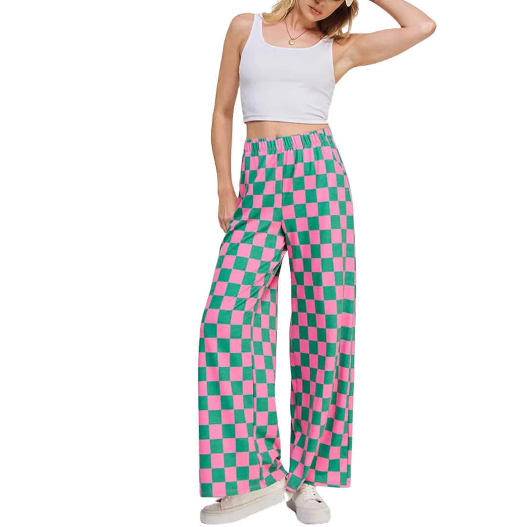 High-Waist Checkered Straight-Leg Knit Pants – Comfort Meets Style