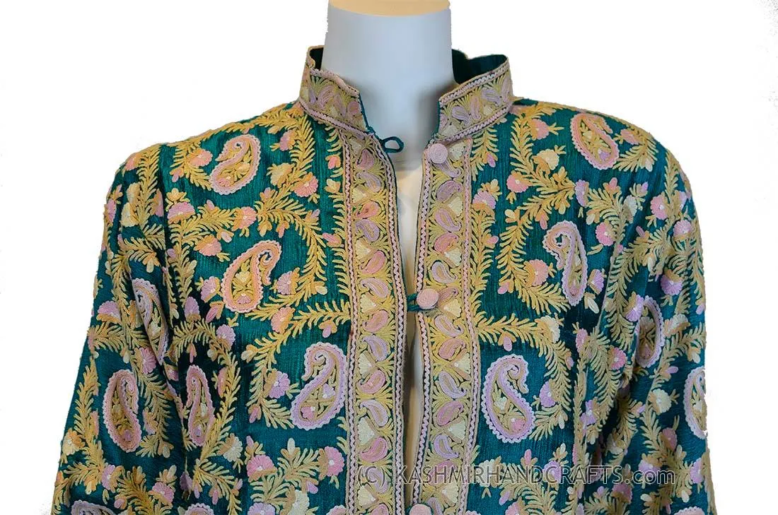Hunter Green Silk Jacket Dinner Paisley Evening Dress Coat Hand Embroidered Kashmir
