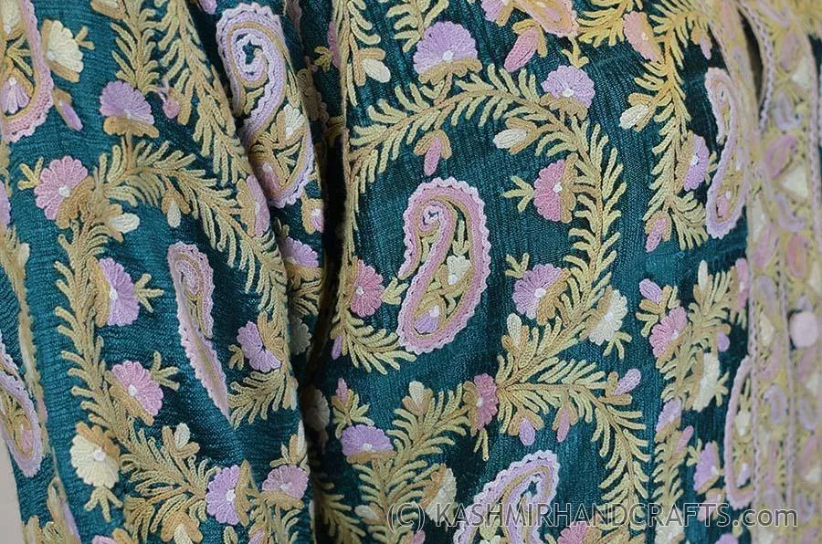 Hunter Green Silk Jacket Dinner Paisley Evening Dress Coat Hand Embroidered Kashmir
