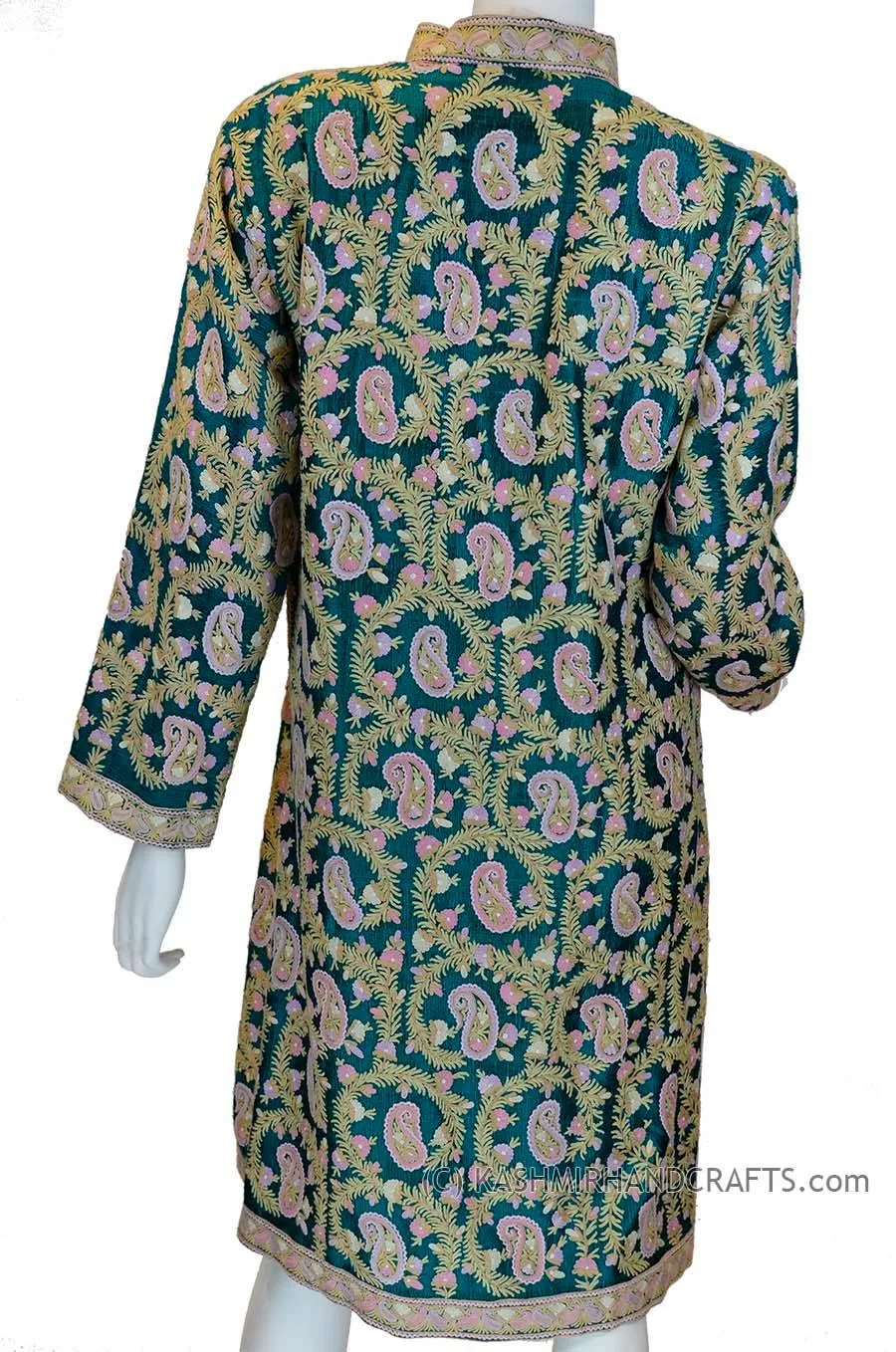 Hunter Green Silk Jacket Dinner Paisley Evening Dress Coat Hand Embroidered Kashmir