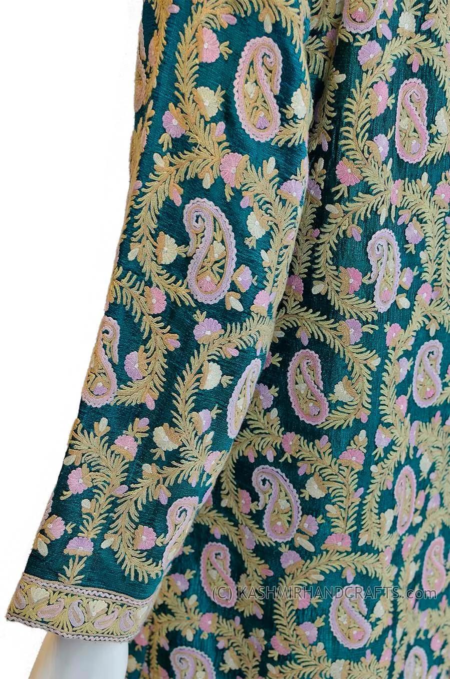Hunter Green Silk Jacket Dinner Paisley Evening Dress Coat Hand Embroidered Kashmir