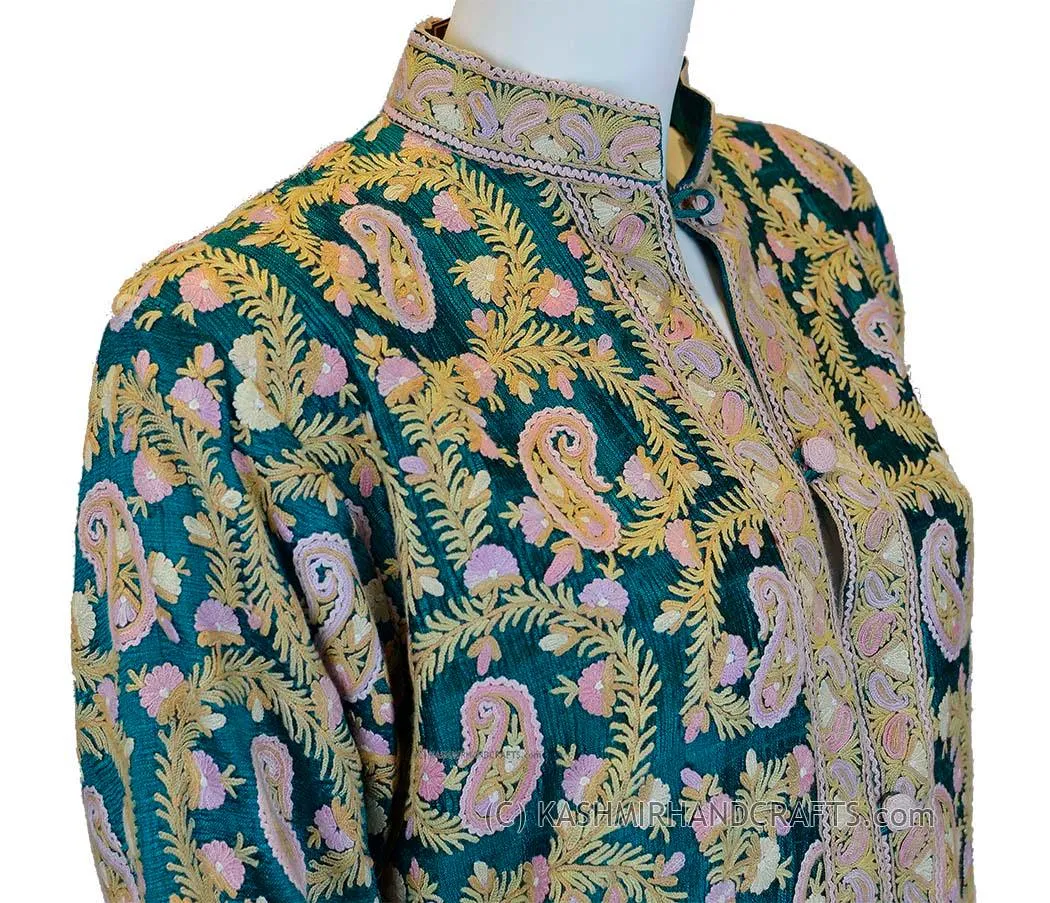 Hunter Green Silk Jacket Dinner Paisley Evening Dress Coat Hand Embroidered Kashmir