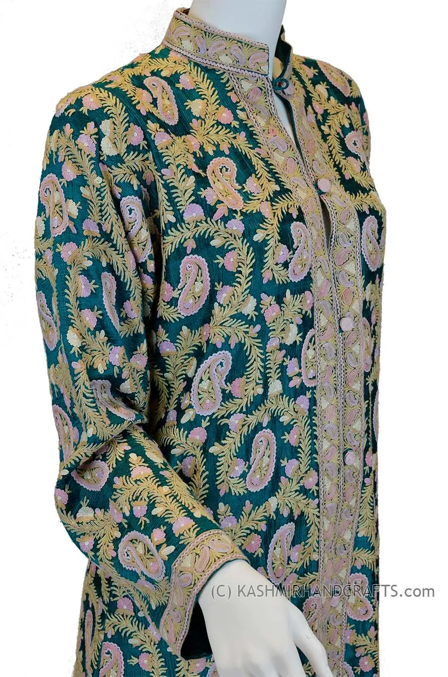 Hunter Green Silk Jacket Dinner Paisley Evening Dress Coat Hand Embroidered Kashmir