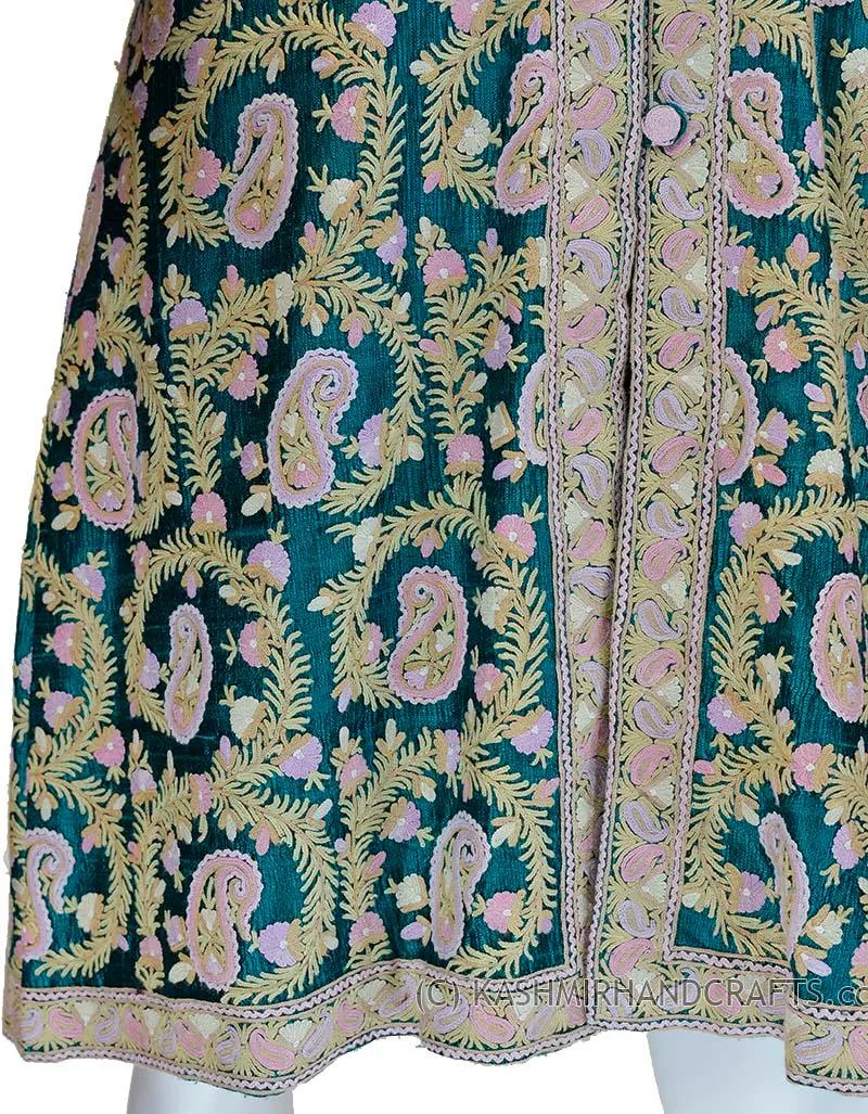 Hunter Green Silk Jacket Dinner Paisley Evening Dress Coat Hand Embroidered Kashmir